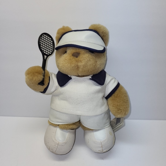 Tennis Pro Tan Teddy Bear Plush Vintage White outfit with Black Racket Golf Bear - Picture 9 of 10